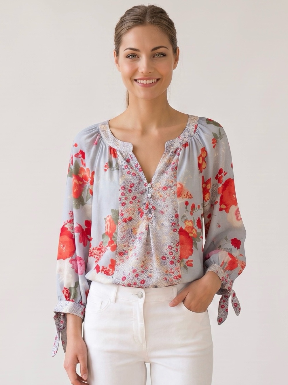 🌻 Anthropologie Fig & Flower Popover Blouse Multicolor Floral V-Neck Size Large